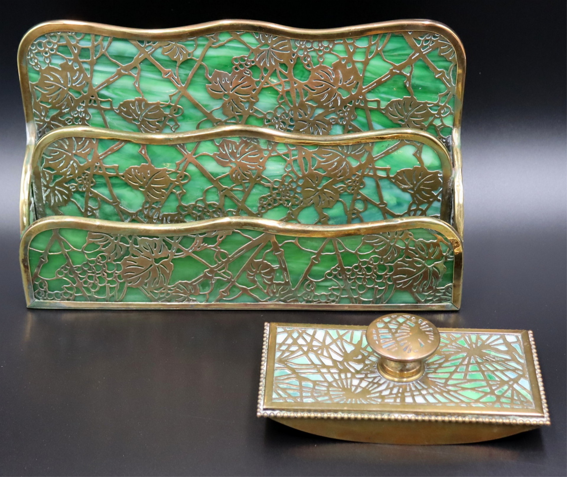 (2) TIFFANY STUDIOS DESK ITEMS.