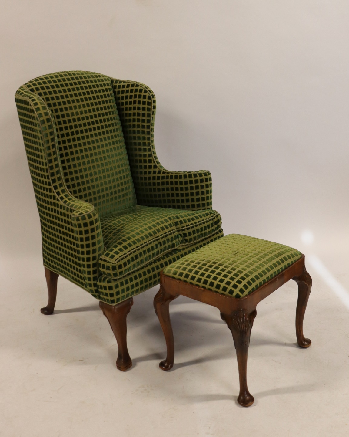 ANTIQUE QUEEN ANNE WING CHAIR AND