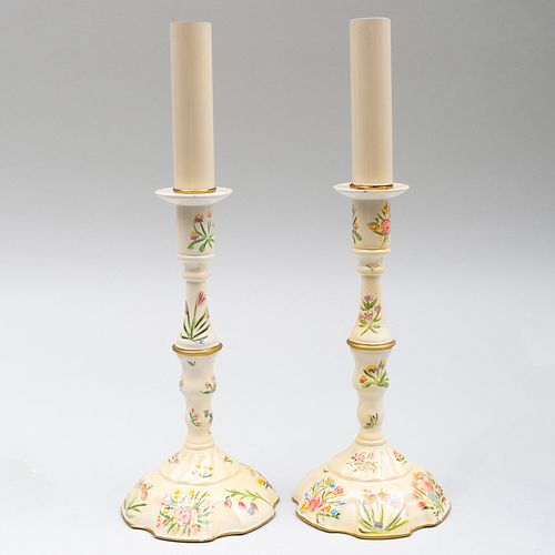 PAIR OF STAFFORDSHIRE ENAMEL CANDLESTICK