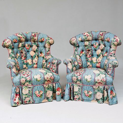 PAIR OF FLORAL LINEN TUFTED UPHOLSTERED