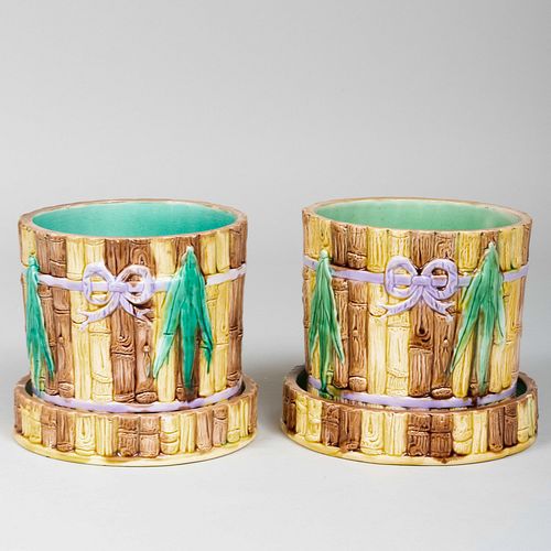 PAIR OF MAJOLICA FAUX BAMBOO CACHE 3b8509