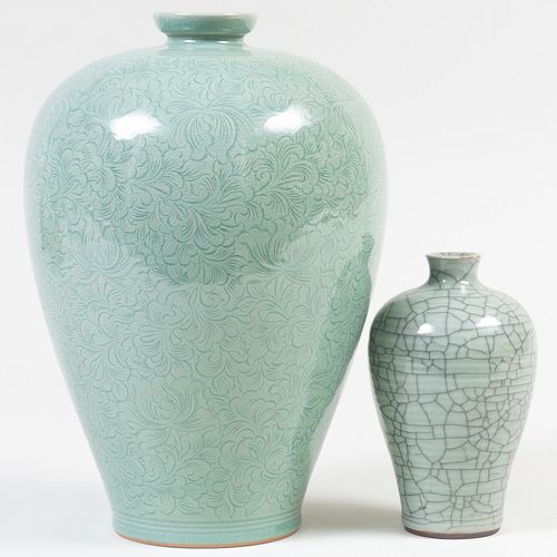 TWO CHINESE CELADON GLAZED PORCELAIN