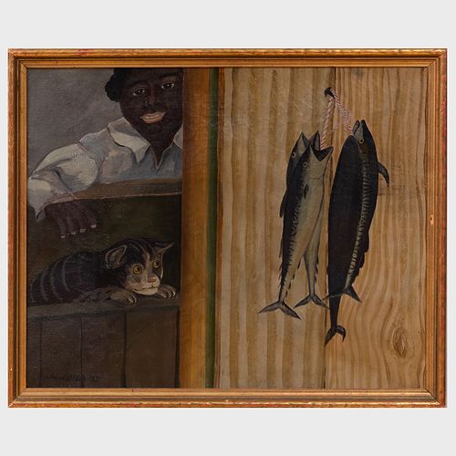 AMOS BLACK: MAN, CAT, FISHOil on