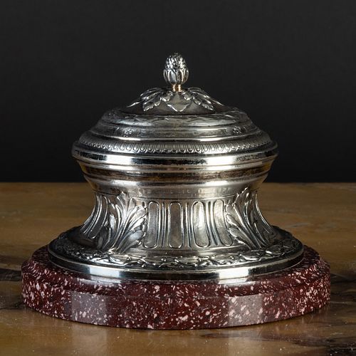 FRENCH SILVER INKWELL ON PORPHYRY