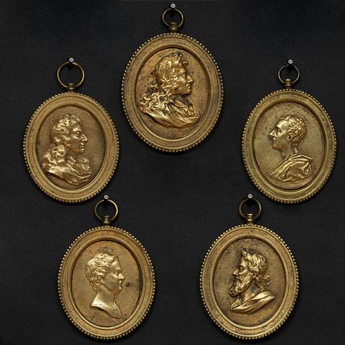 GROUP OF FIVE GILT-BRONZE PROFILE