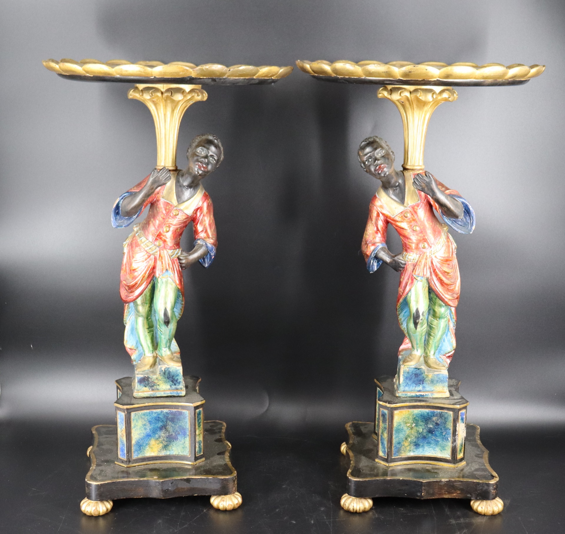 AN ANTIQUE PAIR OF PAINT DECORATED