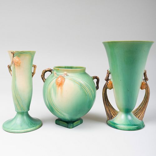 THREE ROSEVILLE POTTERY GLAZED