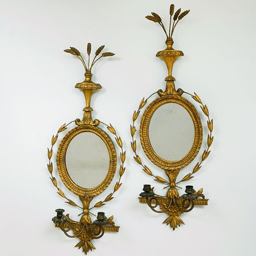 PAIR OF EDWARDIAN GILTWOOD TWO-LIGHT