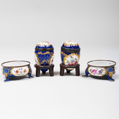 PAIR OF STAFFORDSHIRE ENAMEL SALT