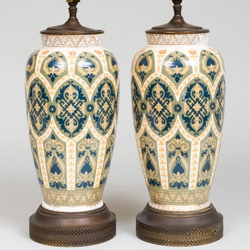 PAIR OF ENGLISH GREEN AND OCHRE VASES