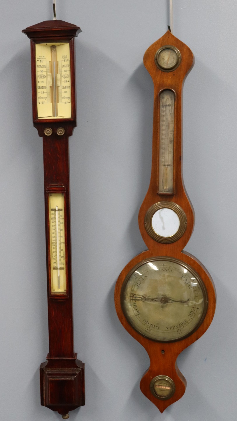 2 ANTIQUE BAROMETERS INCLUDING A STICK.