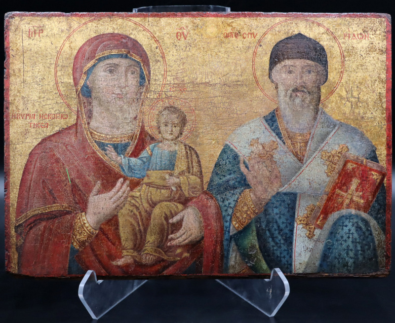 ANTIQUE PAINTED RUSSIAN ICON OF