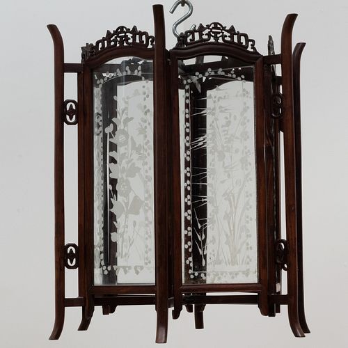 CHINESE CARVED HARDWOOD AND GLASS