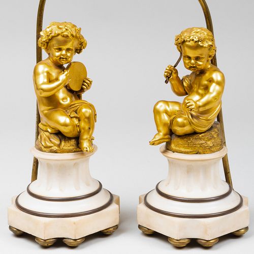 PAIR OF GILT BRONZE AND MARBLE