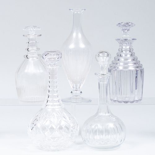 GROUP OF FIVE CUT GLASS DECANTERS