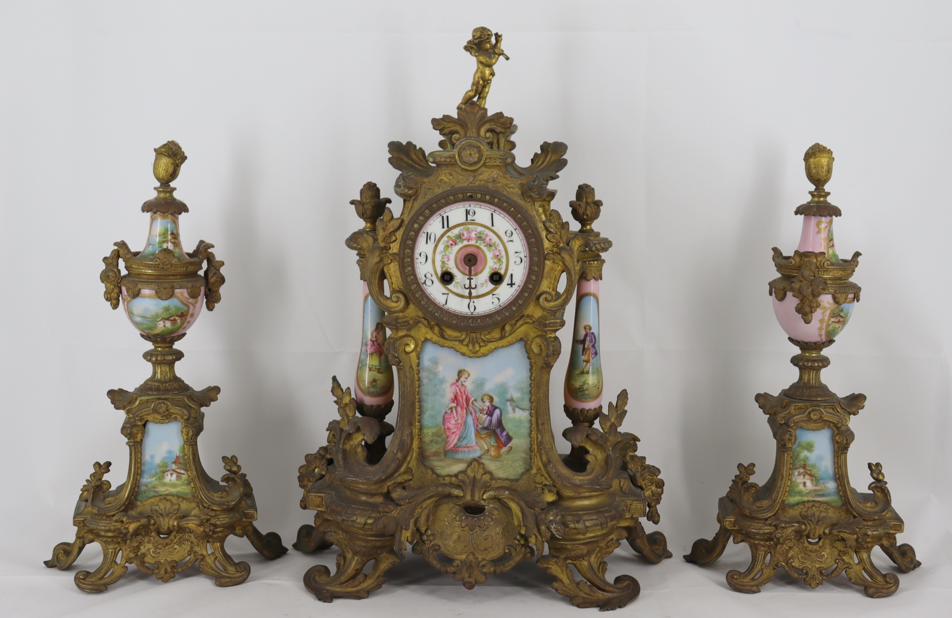 ANTIQUE BRONZE CLOCK GARNITURE SET WITH