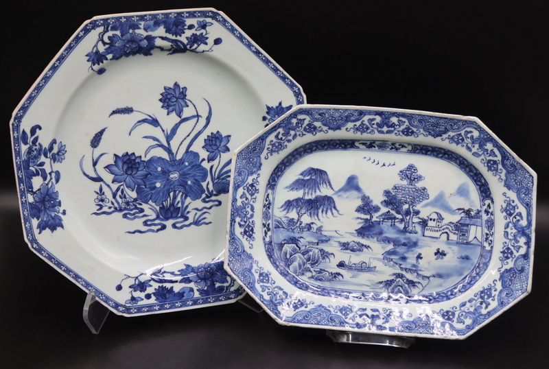  2 CHINESE BLUE AND WHITE PLATTERS  3b9046