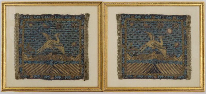 PAIR OF FRAMED CHINESE CRANE EMBROIDERED 3b9087