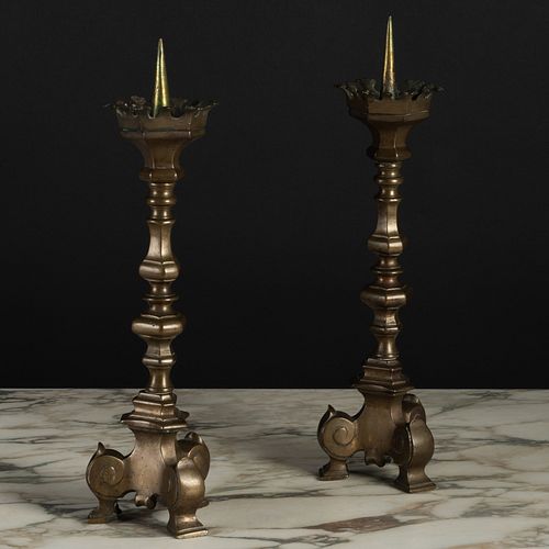 PAIR OF ITALIAN BAROQUE BRASS PRICKET