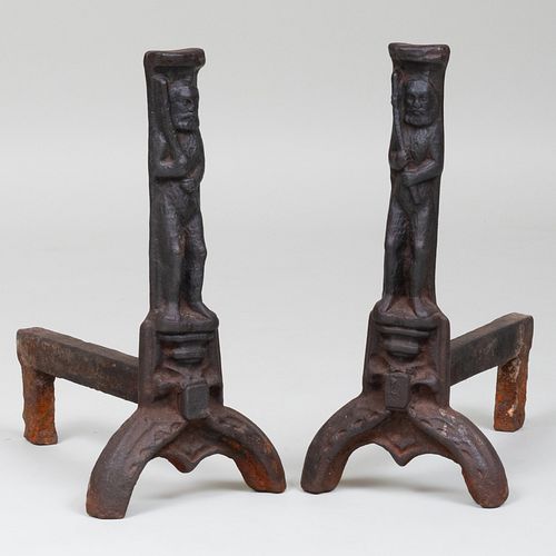 PAIR OF WROUGHT IRON FIGURAL ANDIRONSDepicting 3b91ee