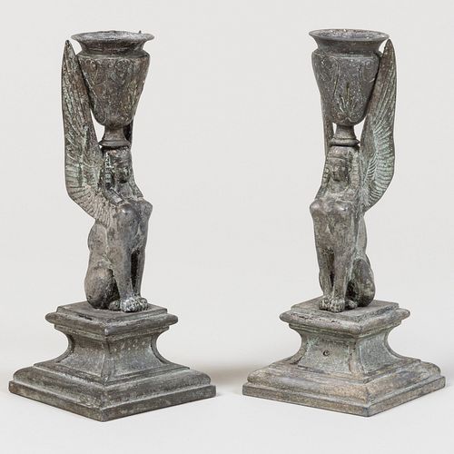 PAIR OF PATINATED METAL SPHINX 3bba44