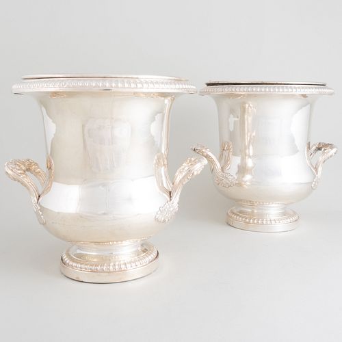 PAIR OF SILVER PLATE WINE COOLERS,