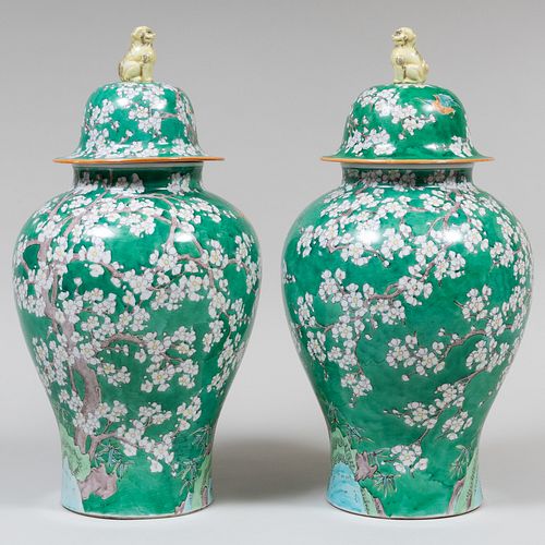 PAIR OF CHINESE GREEN GROUND VASES