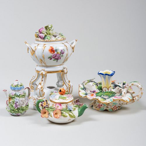 GROUP OF FOUR PORCELAIN FLOWER ENCRUSTED