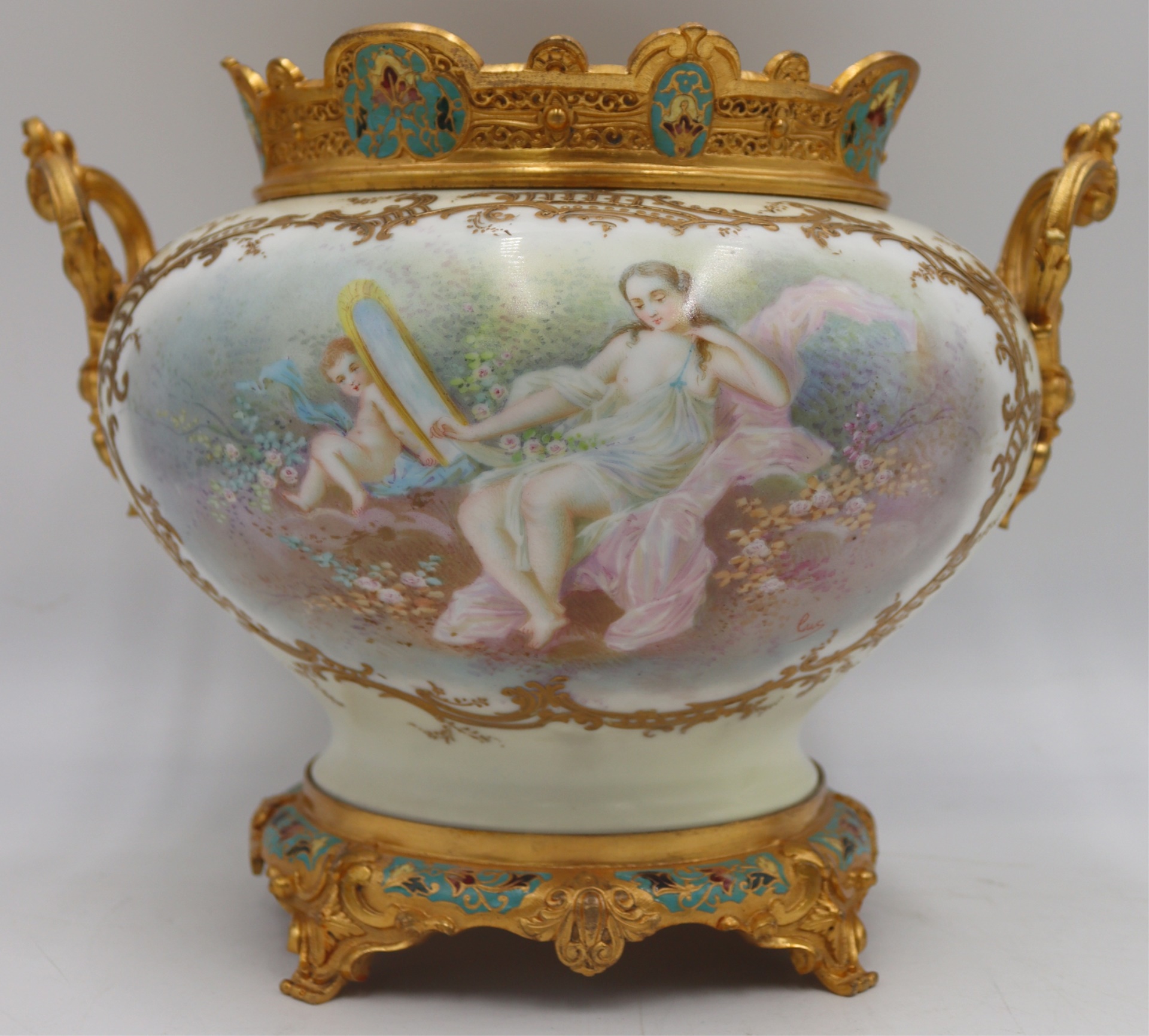 SIGNED PAINTED PORCELAIN AND CHAMPLEVE