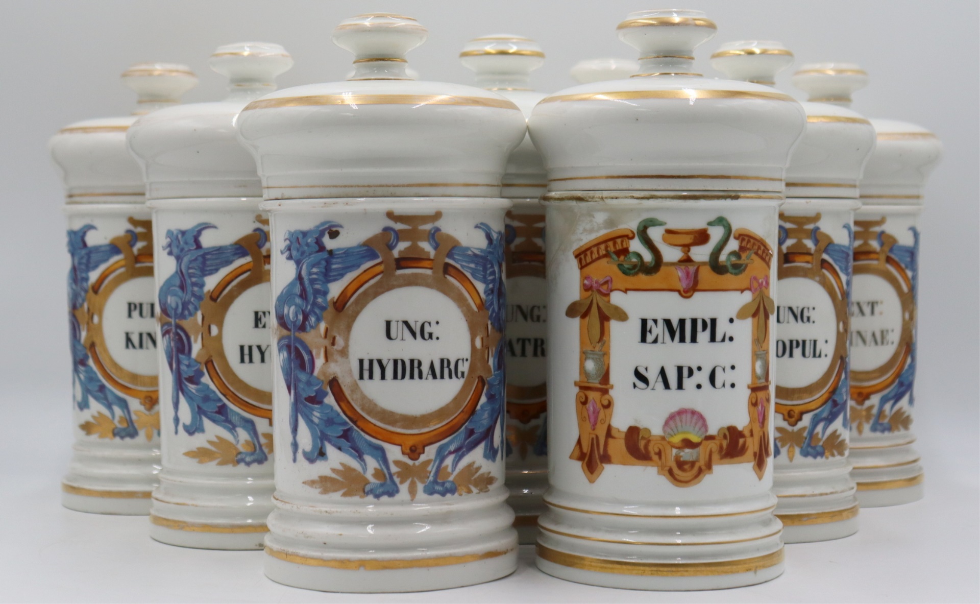 9 PC. FRENCH PORCELAIN LIDDED APOTHECARY