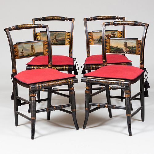 SET OF FOUR PAINTED AND PARCEL-GILT