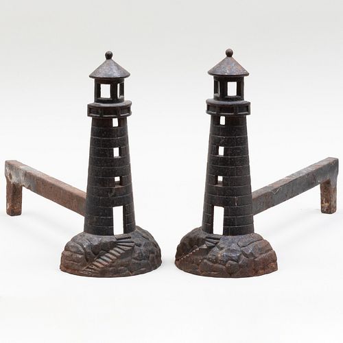 PAIR OF CAST IRON LIGHTHOUSE FORM