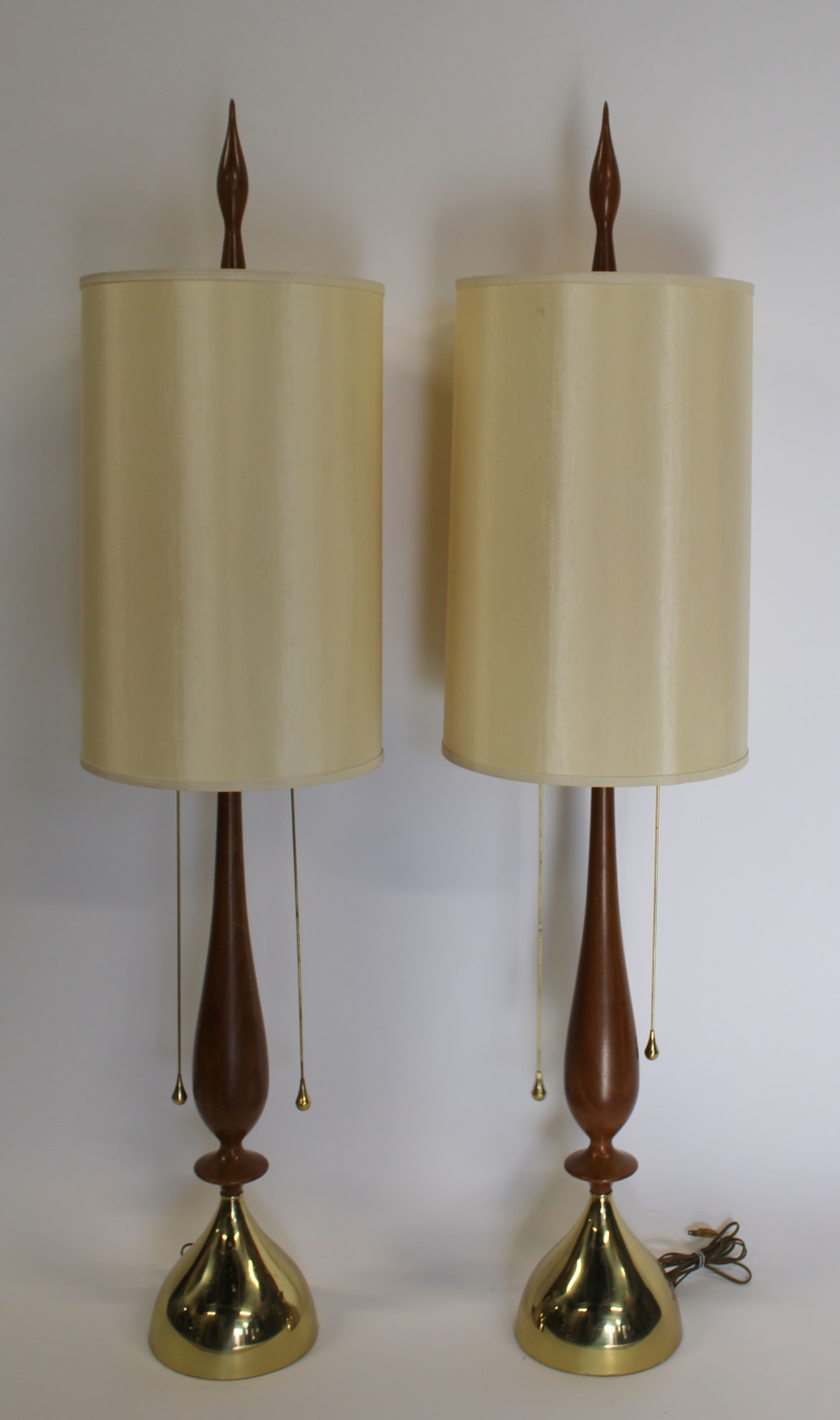 MIDCENTURY PAIR OF BRASS & WOOD