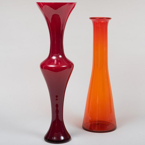 TWO LARGE COLORED GLASS VASESUnmarked.

The