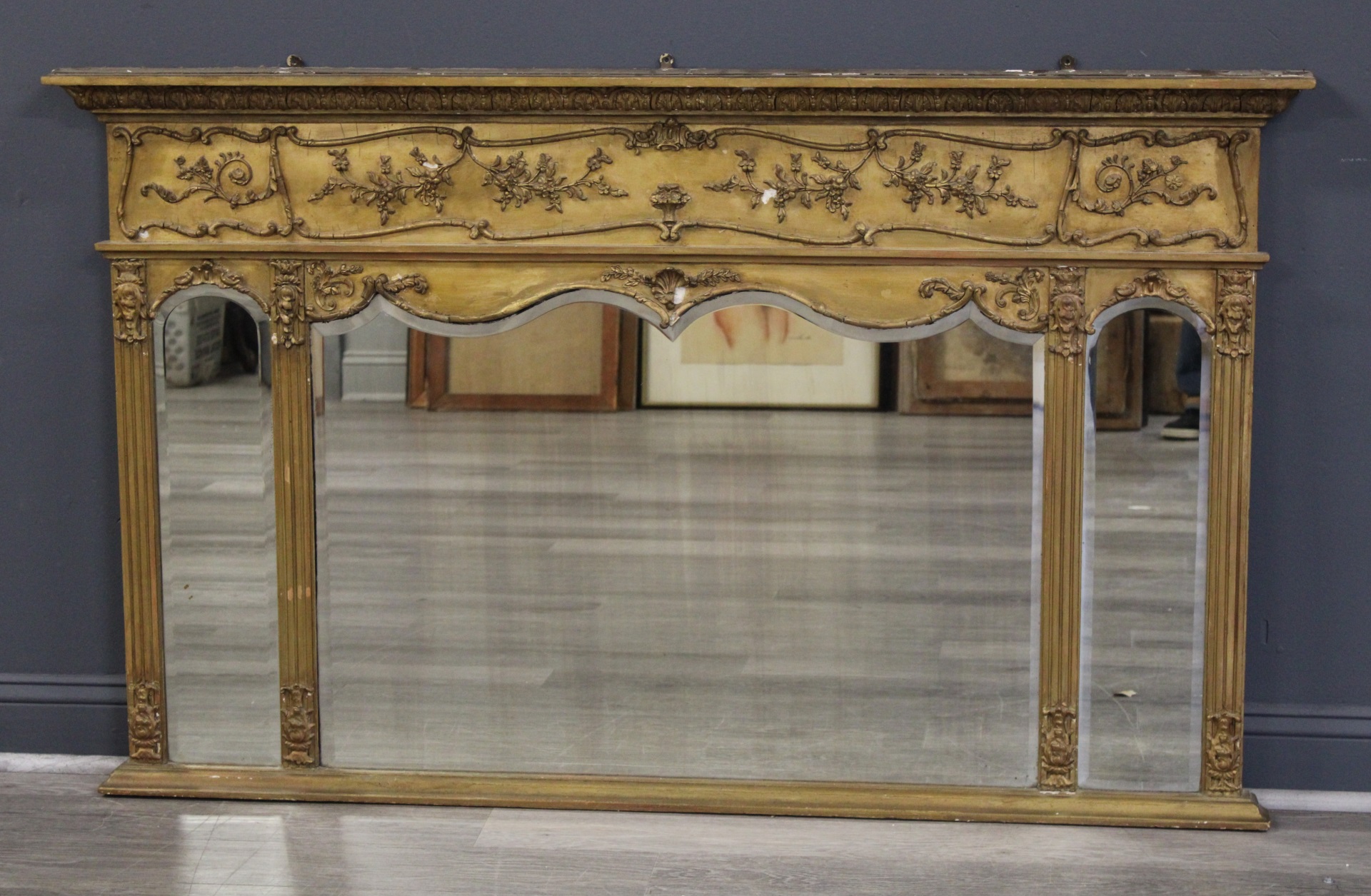 ANTIQUE GILTWOOD OVER MANTEL MIRROR.