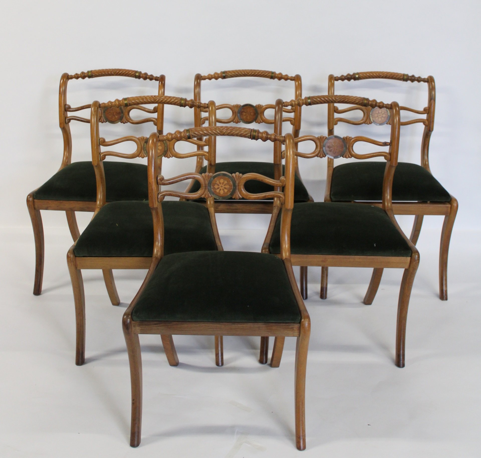 6 REGENCY CARVED AND INLAID CHAIRS.