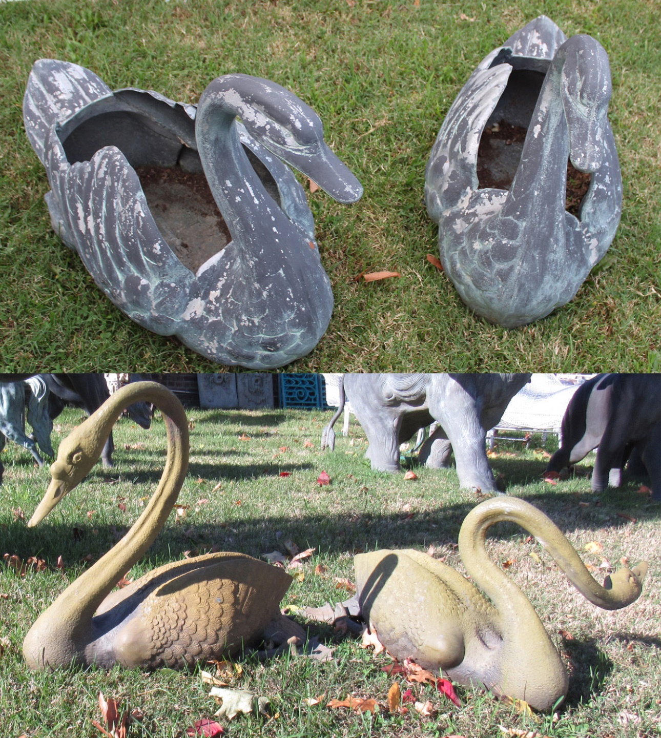 2 PAIRS OF PATINATED METAL SWANS