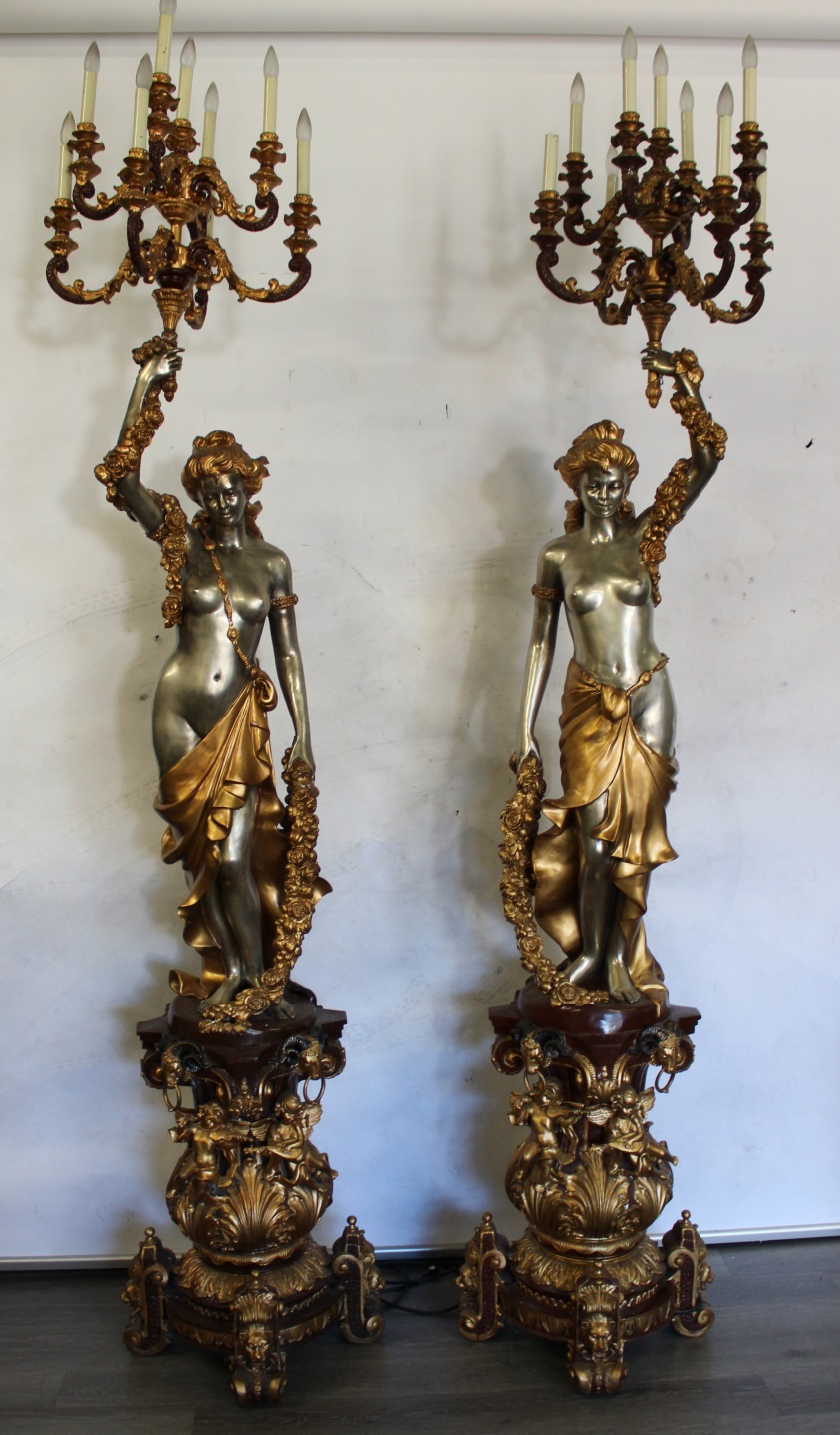 A LARGE PAIR OF BRONZE FIGURAL