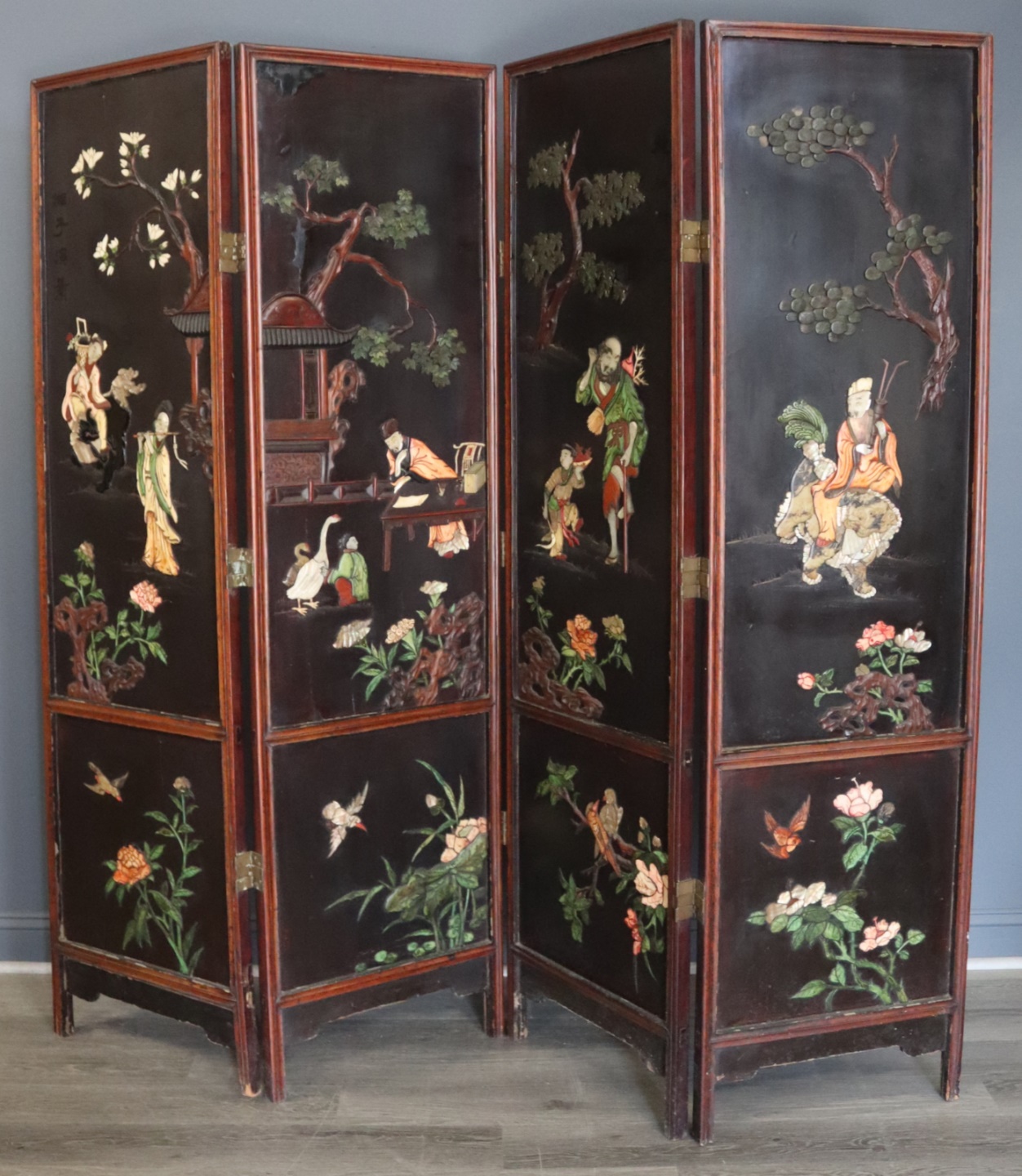 18TH C CHINESE KANGXI INLAID 4 PANEL 3bc69f