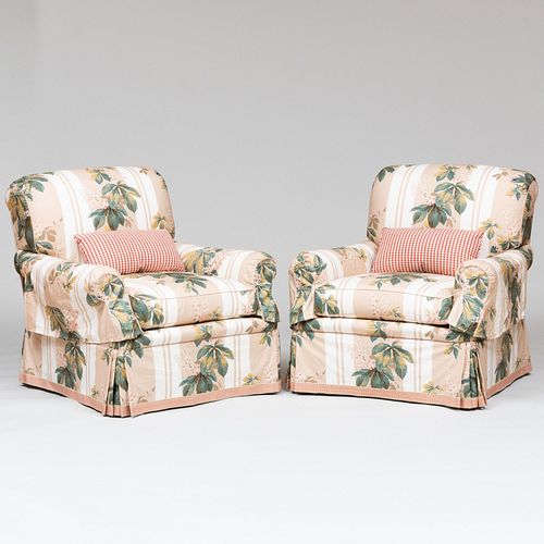 PAIR OF LARGE FLORAL COTTON UPHOLSTERED 3bc7fa