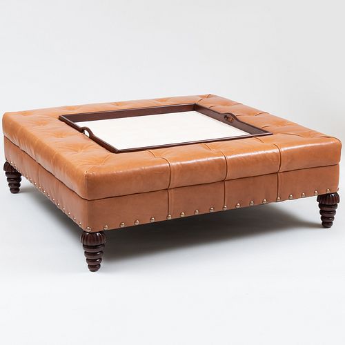 MODERN MAHOGANY AND BUTTONED LEATHER
