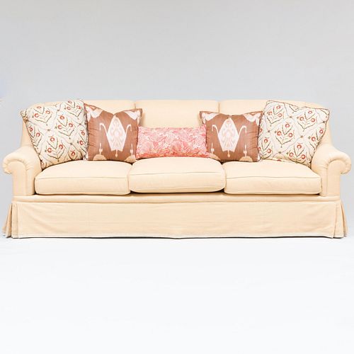 BEIGE LINEN UPHOLSTERED THREE SEAT