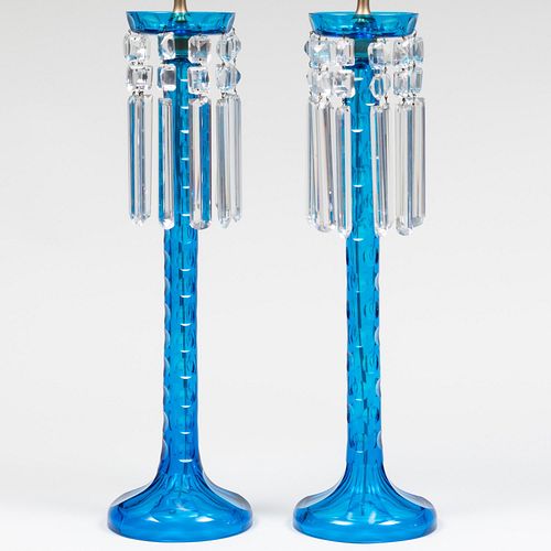 PAIR OF BLUE GLASS LUSTERS MOUNTED 3bc8ec
