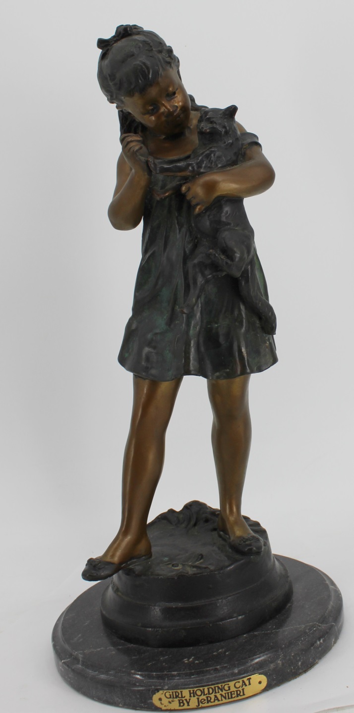 VINTAGE BRONZE SCULPTURE GIRL HOLDING