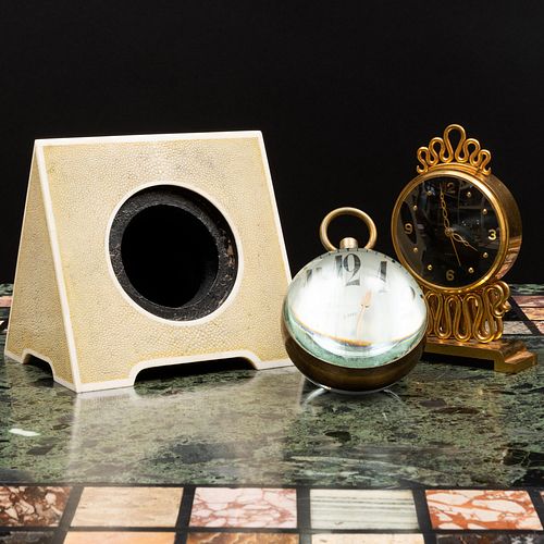 GROUP OF TWO TABLE CLOCKS AND A SHAGREEN