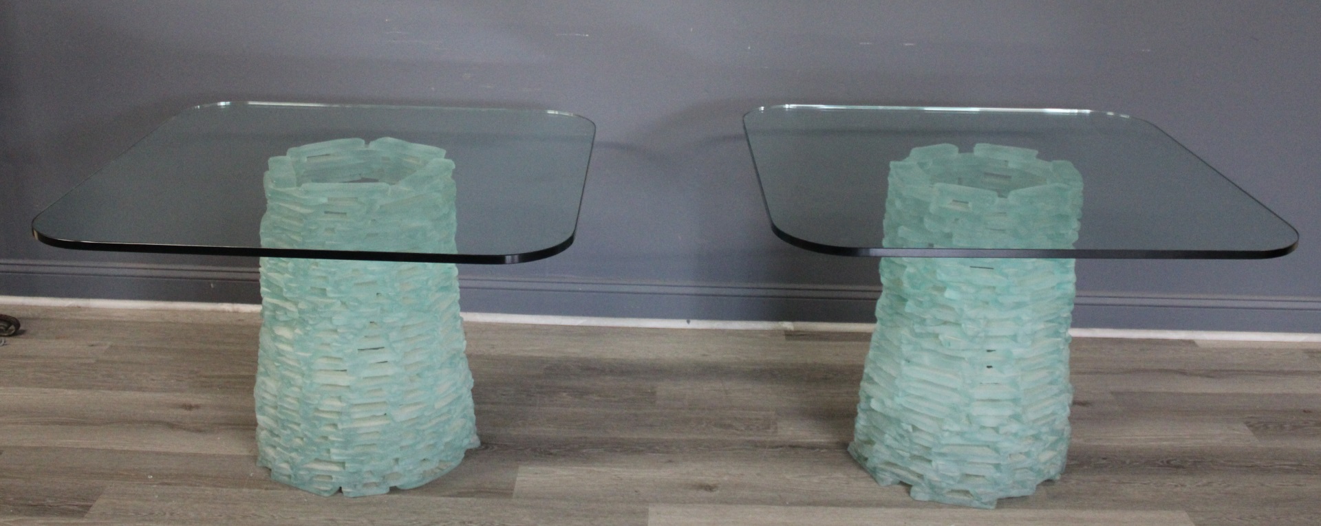 A VINTAGE PAIR OF GLASS BLOCK TABLES 3bcb83