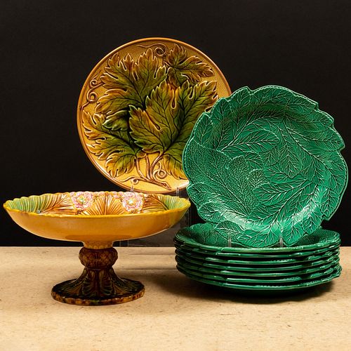 SET OF EIGHT BRAMELD GREEN MAJOLICA