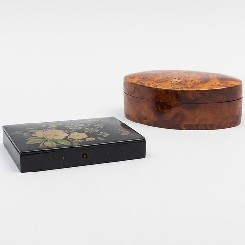 LACQUER TABLE BOX AND A BURLWOOD 3bcdbc