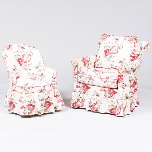 TWO FLORAL LINEN CHINTZ UPHOLSTERED 3bcdf3