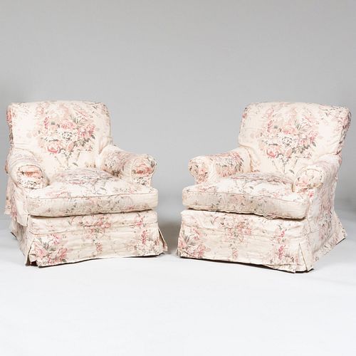 PAIR OF PINK FLORAL LINEN UPHOLSTERED 3bcdf5